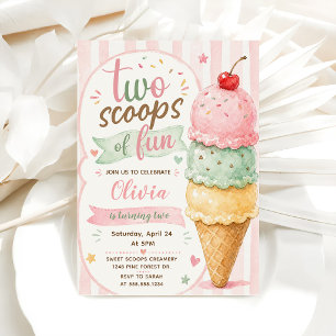 Two Scoops Of Fun 2nd Birthday Party Invitation