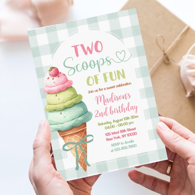 Two Scoops Of Fun Ice Cream Bow 2nd Birthday Invitation (Creator Uploaded)