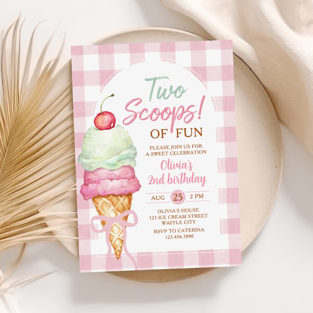 Two Scoops Of Fun Ice Cream Bow 2nd Birthday Invitation (Creator Uploaded)