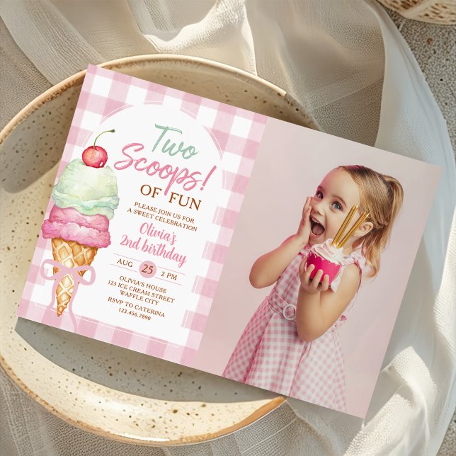 Two Scoops Of Fun Ice Cream Bow 2nd Birthday Photo Invitation (Creator Uploaded)