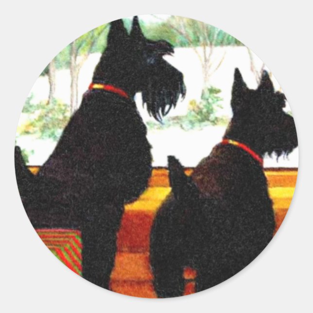 Two Scottie Dogs At Christmas Classic Round Sticker (Front)