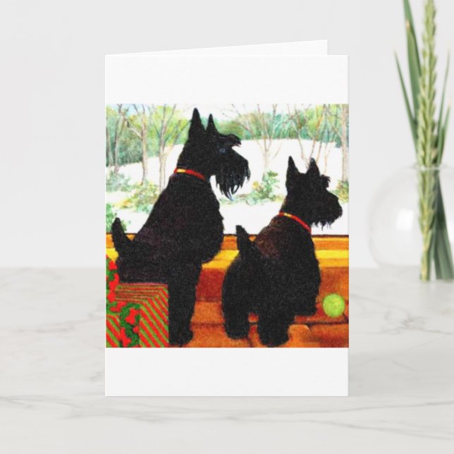 Two Scottie Dogs At Christmas Holiday Card (Front)