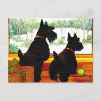 Two Scottie Dogs Waiting for Santa Claus Holiday Postcard
