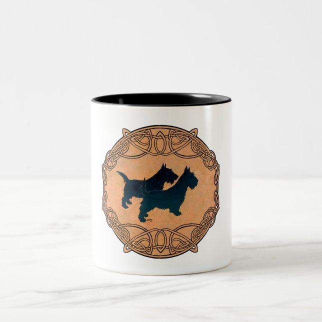 Two Scottish Terriers in Celtic Knotwork Two-Tone Coffee Mug (Center)