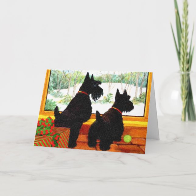 Two Scotty Dogs at Christmas Holiday Card (Front)