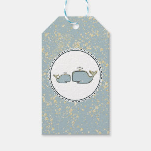 Two Sea Whales Blue & Gold Boutique Baby Shower Gift Tags