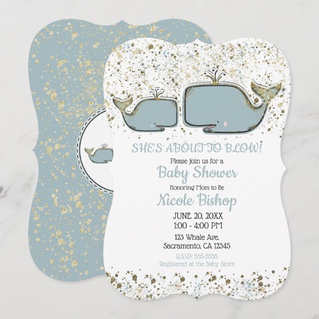 Two Sea Whales Blue & Gold Boutique Baby Shower Invitation (Front/Back)