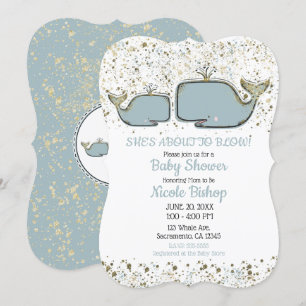 Two Sea Whales Blue & Gold Boutique Baby Shower Invitation