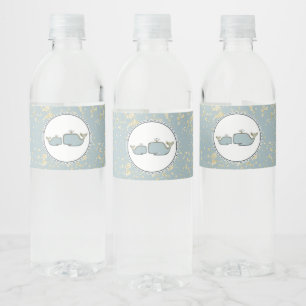 Two Sea Whales Blue & Gold Boutique Baby Shower Water Bottle Label