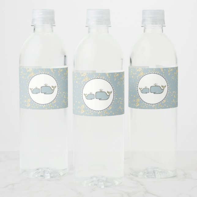 Two Sea Whales Blue & Gold Boutique Baby Shower Water Bottle Label (Bottles)