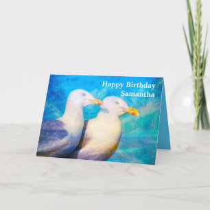 Two Seagulls Watercolor Name Happy Birthday Card