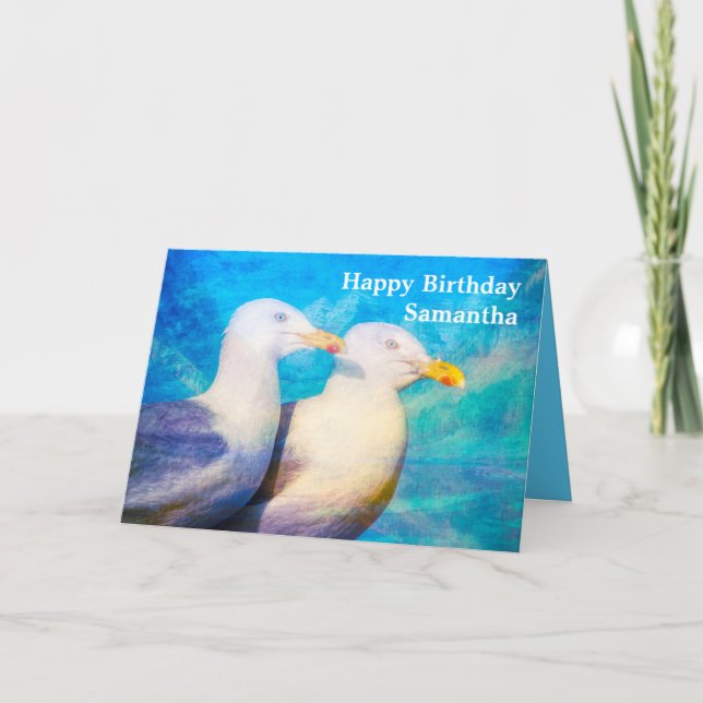 Two Seagulls Watercolor Name Happy Birthday Card (Front)