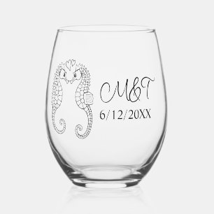 Two Seahorses and Bride and Groom's Initials Stemless Wine Glass
