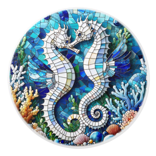 Two Seahorses and Coral Mosaic Tile  Ceramic Knob (Front)