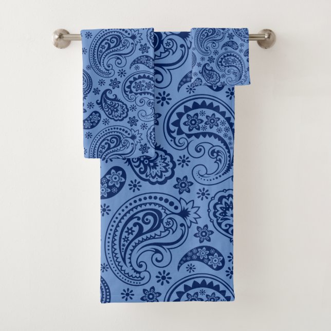 Two shades of blue vintage paisley pattern bath towel set (Insitu)
