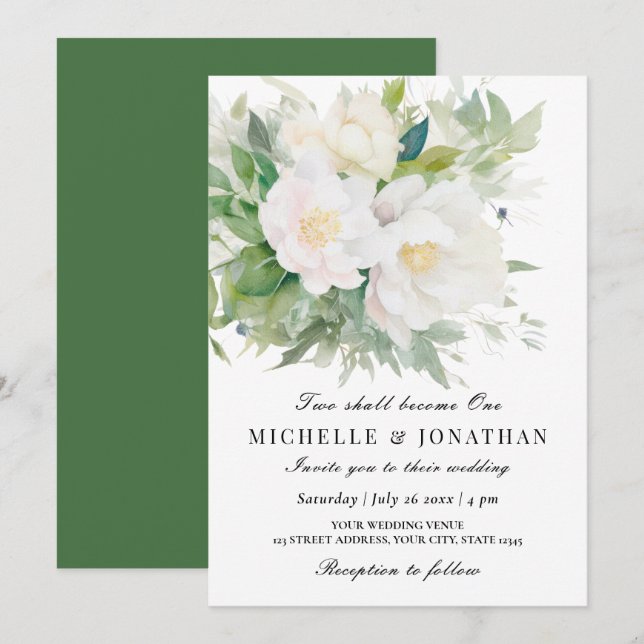 Two Shall Become One Elegant White Floral Wedding  Invitation (Front/Back)