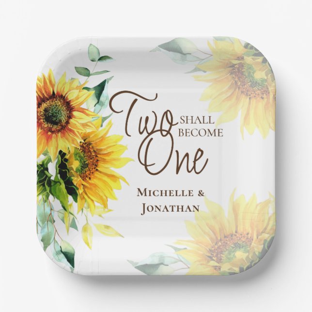 Two Shall Become One Sunflowers Christian Wedding  Paper Plate (Front)