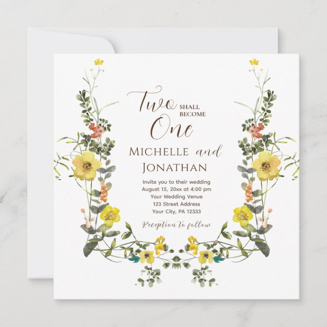 Two Shall Become One Yellow Flowers Bible Wedding Invitation (Front)
