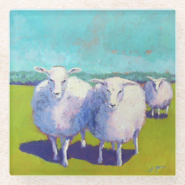 Two Sheep In Field Glass Coaster (Front)