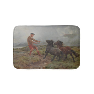 Two Shetland Ponies in a Misty Scottish Landscape Bath Mat