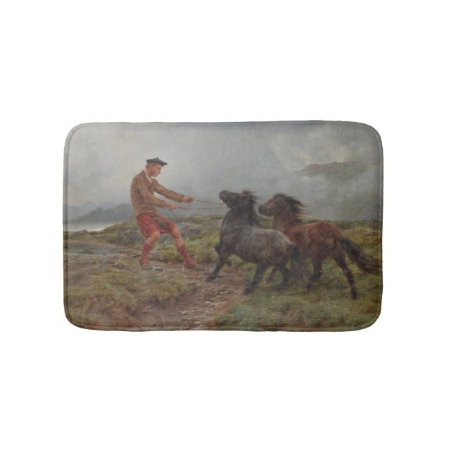 Two Shetland Ponies in a Misty Scottish Landscape Bath Mat (Front)