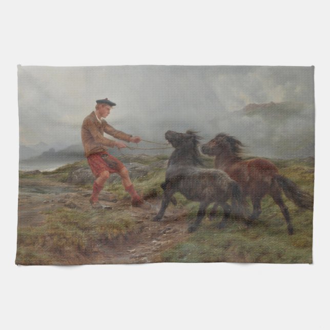 Two Shetland Ponies in the Highlands of Scotland Tea Towel (Horizontal)