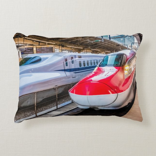 Two Shinkansen at the Tokyo Station Decorative Cushion (Front)