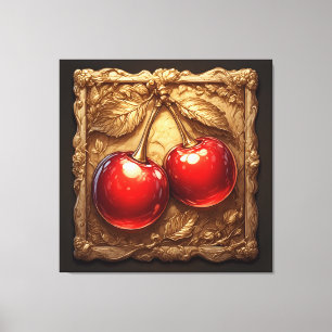 Two Shiny Red Cherries with Golden Leaves Canvas Print