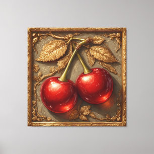 Two Shiny Red Cherries with Golden Leaves Canvas Print