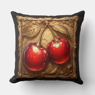 Two Shiny Red Cherries with Golden Leaves Cushion