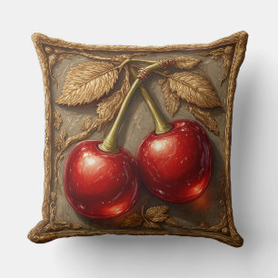 Two Shiny Red Cherries with Golden Leaves Cushion