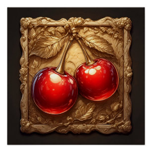 Two Shiny Red Cherries with Golden Leaves Poster