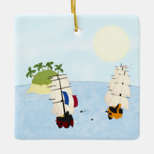 Two Ships in Battle Near Tropical Island Ceramic Ornament