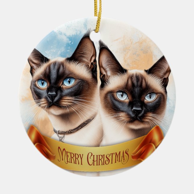 Two Siamese Cats Ceramic Tree Decoration (Front)