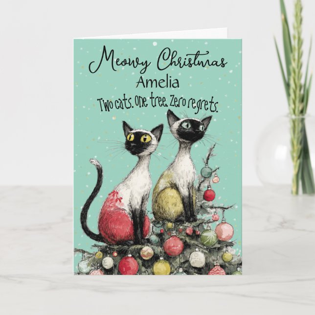 Two Siamese Cats on Christmas Tree Christmas Card (Front)