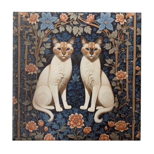 Two Siamese Cats William Morris Inspired  Tile (Front)