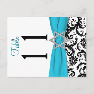 Two-sided Aqua, Black, White Damask Table Number Postcard