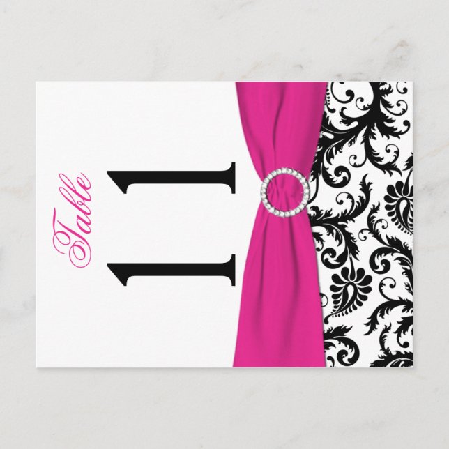 Two-sided Black, White, Pink Damask Table Number Postcard (Front)