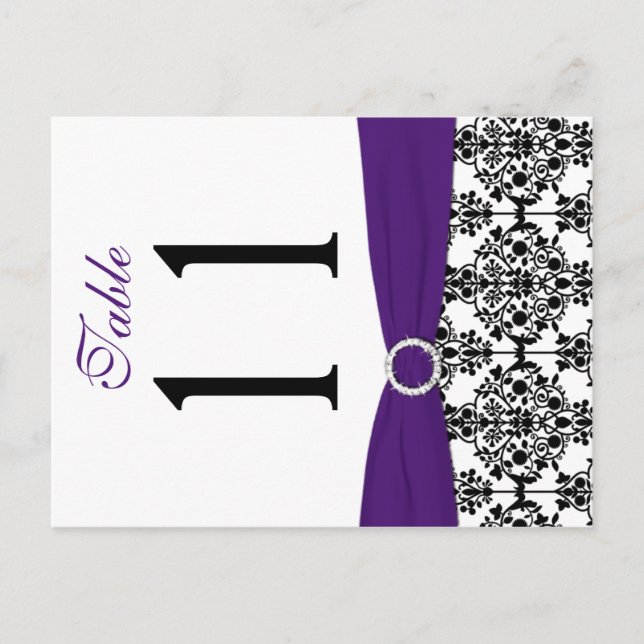 Two-sided Black, White, Purple Damask Table Number Postcard (Front)