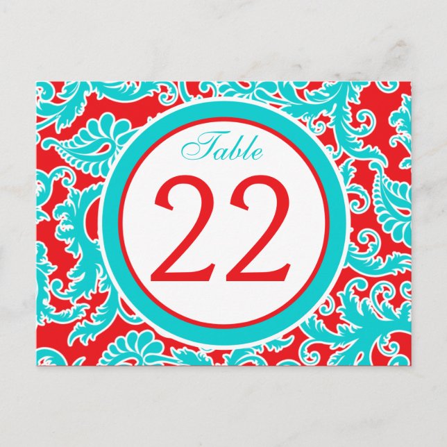 Two-sided Blue, Red, White Damask Table Number Postcard (Front)