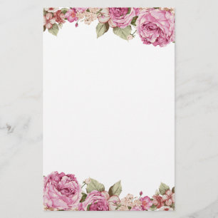 Two Sided Border with Pink Rose Painting Stationery
