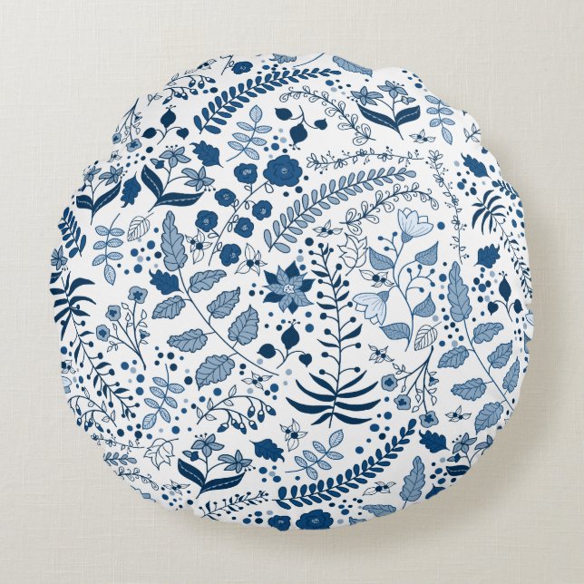 Two Sided Classic Blue Boho Florals Round Cushion (Front)