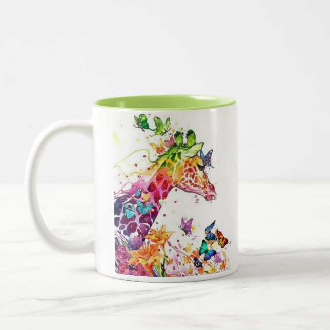 Two sided colourful giraffe with butterflies Two-Tone coffee mug (Left)