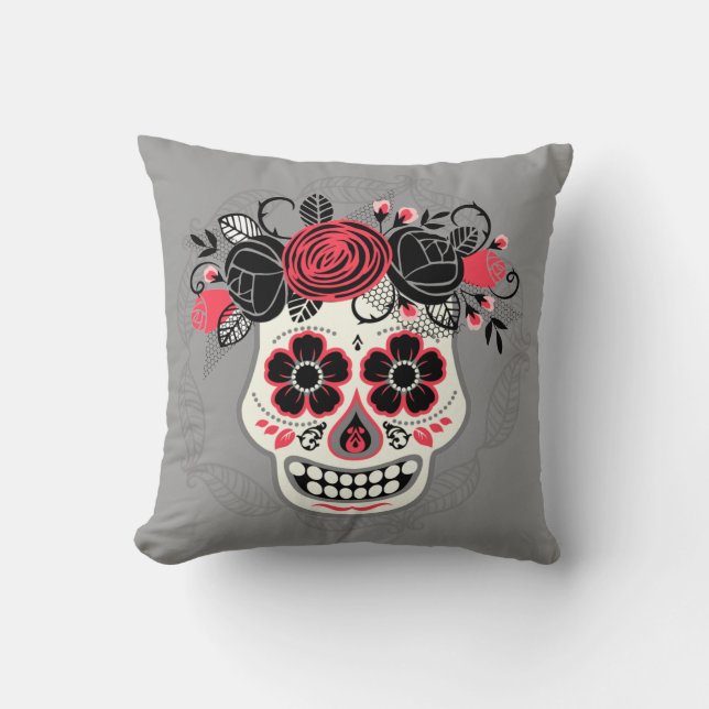 Two-sided Day of the Dead Sugar Skulls Cushion (Front)