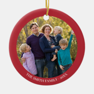 Two Sided Family Photo Serif Red Christmas Ceramic Tree Decoration