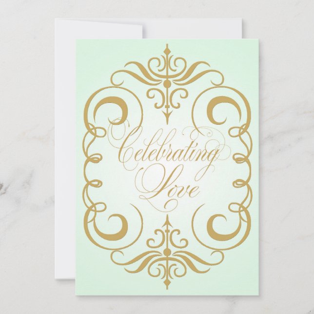 Two Sided Green & Gold Swirl Wedding Invitation (Front)