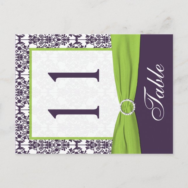 Two Sided Lime and Purple Damask Table Number Postcard (Front)