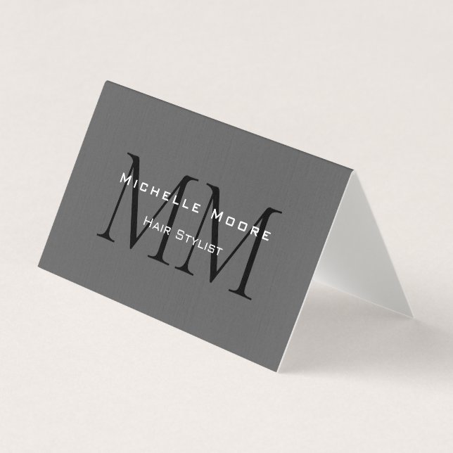 Two Sided Monogrammed Black Grey Calligraphy Linen Business Card (Front)