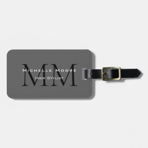 Two Sided Monogrammed Black Grey Calligraphy Luggage Tag