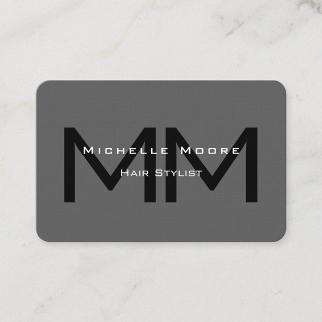 Two Sided Monogrammed Black Grey Euro Size Linen Business Card (Front)